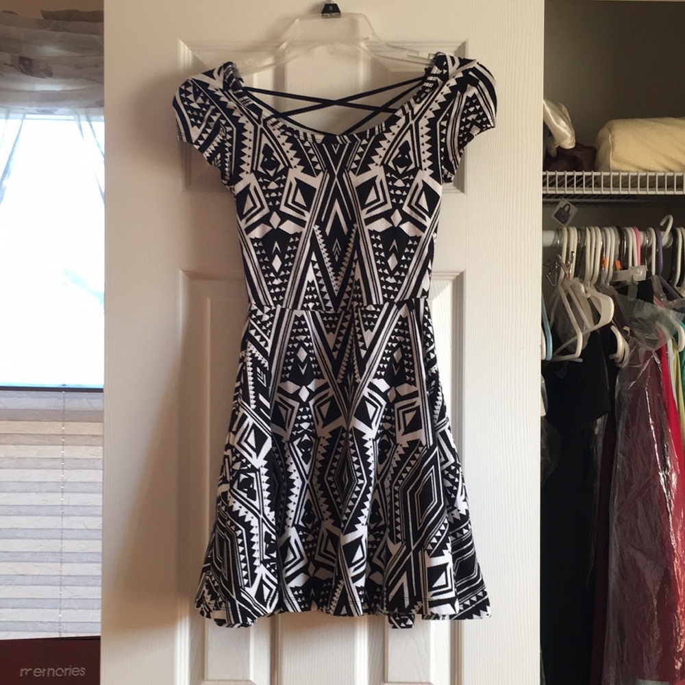 Geometric Print Skater Dress with Cross Back